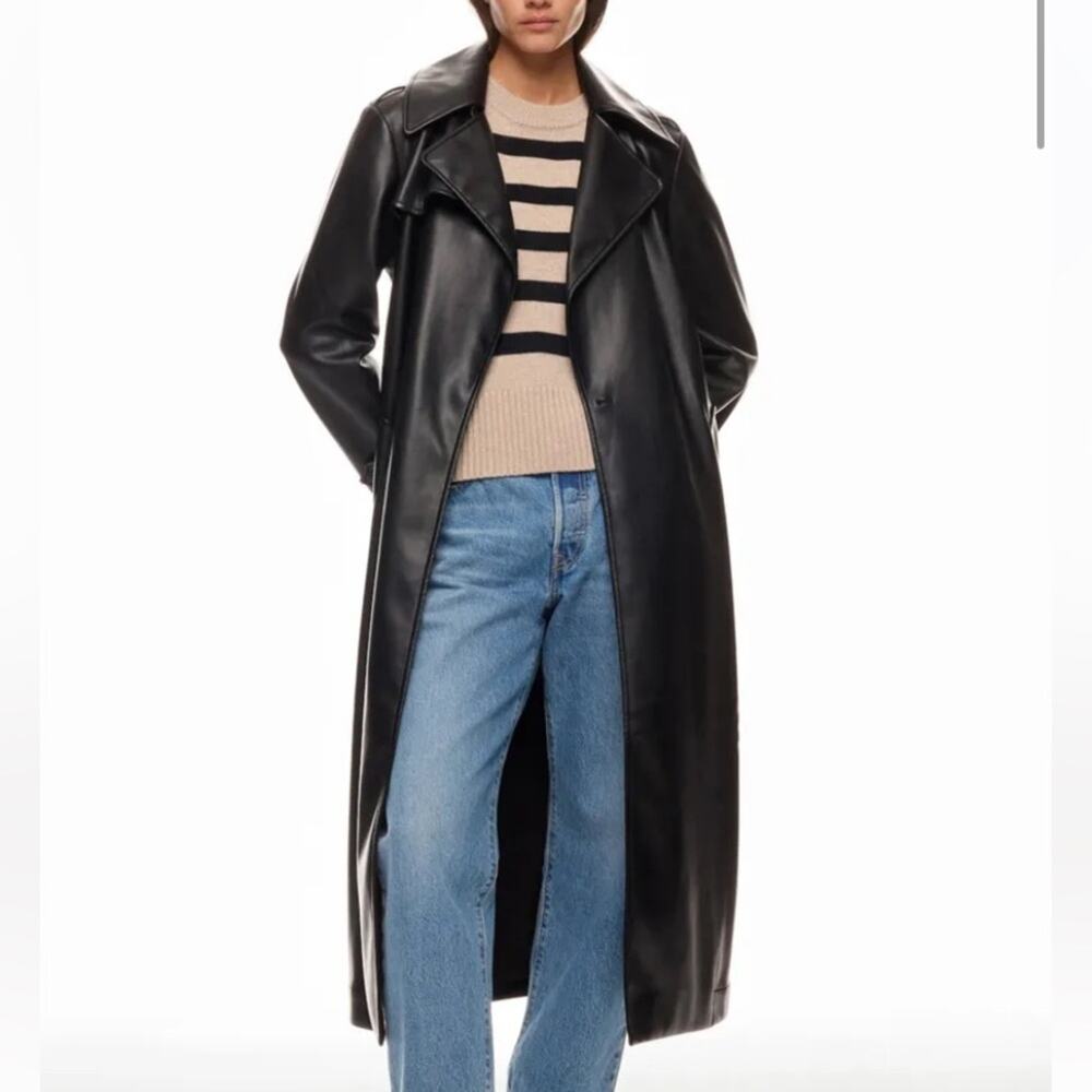 Derek Lam 10 Crosby Black Faux Leather Trench Coat Size Large